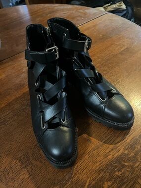 Valentino Black Leather Cutout Ankle Boots with Buckle